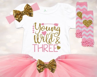 Young Wild and Three Tutu Set - 3rd Birthday Shirt - Toddler Third Birthday Shirt - Girls Birthday Dress - Boho Birthday Tutu Outfit