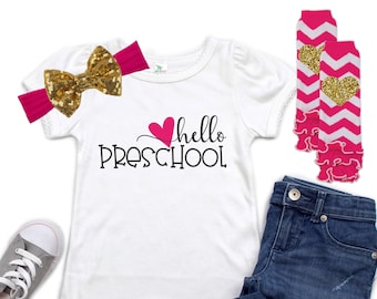 Back to School Outfit - Hello Preschool Shirt - Girls Pre K Outfit - Pink Gold Preschool - First Day of Preschool - 1st Day of Pre-K Outfit