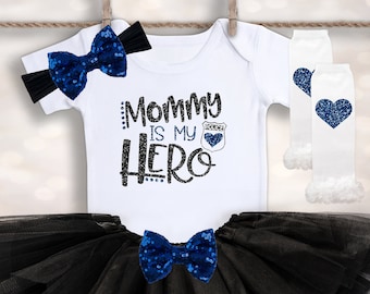 Mommy is My Hero - Back the Blue - Police Officer Baby - Pregnancy Announcement - Baby Girl Tutu Outfit - New Mom Gift