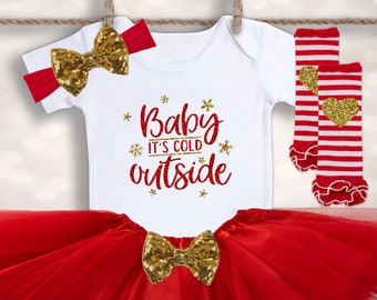 Baby It's Cold Outside - Baby Girl Christmas Outfit - 1st Christmas Outfit - Christmas Shirt - Holiday Tutu Set - My First Christmas