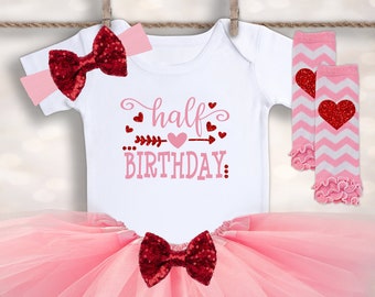 Valentine&#39;s Half Birthday - 6 Month Birthday - 1/2 Birthday Outfit - Birthday Tutu Outfit - Baby Girl Outfit - Valentines Day Bodysuit