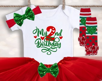 Christmas Baby Tutu - Baby Girls Second Christmas Outfit - My 2nd Birthday - Christmas Tutu Outfit - Holiday Tutu Set - 2nd Christmas Tutu