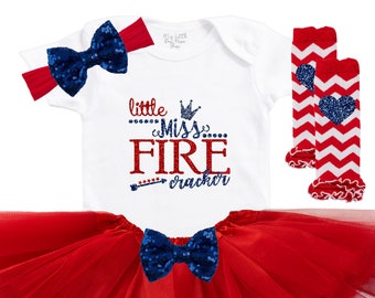 Little Miss Firecracker Tutu Outfit - Memorial Day Shirt - Baby Girl 4th of July Onesie - Baby Shower Gift - My First 4th of July Toddler