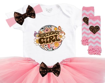 Girls Retro Flower Power Birthday Outfit - Vintage Birthday Tee - Toddler Birthday Hippie Set - Princess Tutu Set - Vintage Groovy Colors
