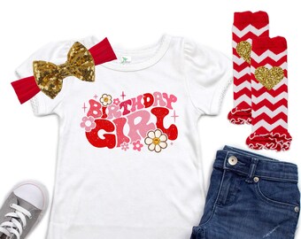 Retro Birthday Girl Shirt - Groovy Smiley Face Tee - Hippie Girls Birthday Set with Headband - Gifts for Birthday Girl - Vintage Birthday