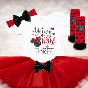 Girl&#39;s 3rd Birthday Outfit - Young Wild & Three Shirt - 3rd Birthday Shirt - Third Birthday Tee - 3rd Birthday Tutu - Red Black Polka Dot