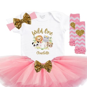Personalized Wild One Baby Girl&#39;s 1st Birthday Tutu Outfit - First Birthday Cake Smash - Baby Safari Animals Onesie - Zoo Party Shirt