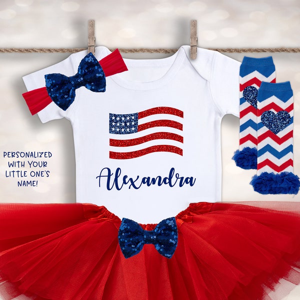American Flag Baby Girls Tutu Set - Custom Baby Onesie® - Patriotic Baby Outfit - Memorial Day Bodysuit - Veterans Day Outfit for Girls