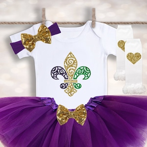 Fleur De Lis Tutu Outfit - Mardi Gras Onesie® - Toddler Shirt - New Orleans Shirt - Nola Outfit - Holiday Baby Outfit - Mardi Gras Tutu