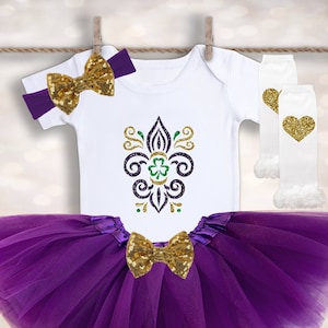 Baby Girl&#39;s Fleur De Lis Outfit - Mardi Gras Outfit - Baby Girl&#39;s Clothes - New Orleans Shirt - Holiday Baby Outfit - Mardi Gras Tutu