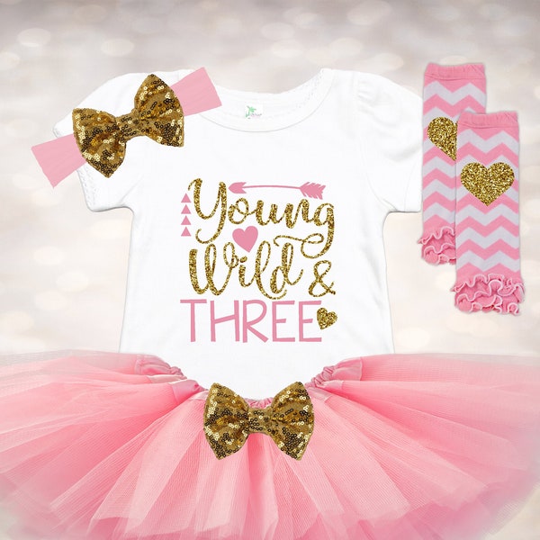 Young Wild and Three Tutu Set - 3rd Birthday Shirt - Toddler Third Birthday Shirt - Girls Birthday Dress - Boho Birthday Tutu Outfit