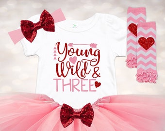 Young Wild and Three Outfit - Baby Girl Outfit - 3rd Birthday Shirt - 3rd Birthday Dress - Birthday Shirt - Tutu Baby Outfit