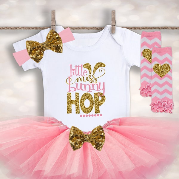 Little Miss Bunny Hop - Bunny Tutu Outfit - Baby Girls 1st Easter Outfit - Cake Smash Outfit - Pink and Gold Outfit - First Easter Outfit