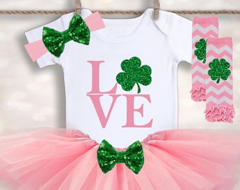 My First LOVE Outfit - Baby Girl's Tutu Outfit - St. Patrick's Day - Baby Photo Outfit - Baby Shower Gift - New Baby Gift - My First Holiday