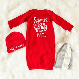 Christmas Sleeper - Santa Baby Pajamas - My 1st Christmas - Beanie with Name - Baby Layette Set - Newborn Gown - Coming Home Outfit