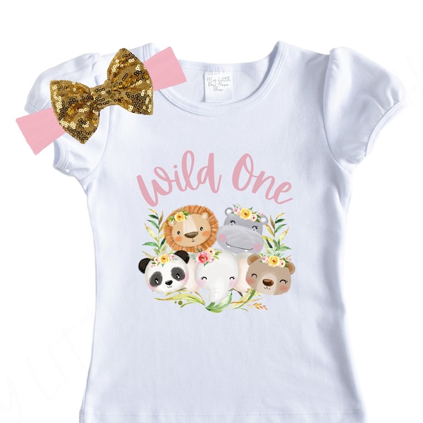 Wild One Birthday Girl Shirt - Boutique Puff Sleeve Top - First Birthday Girl - Zoo Birthday Party - Floral Safari Animal Shirt