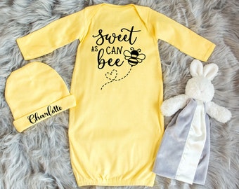 Sweet as Can Be Baby Girl Layette Set, Baby Sleeper Gown, Bee Shower Theme, Baby Shower Gift, Coming Home Outfit, Personalized Baby Gift
