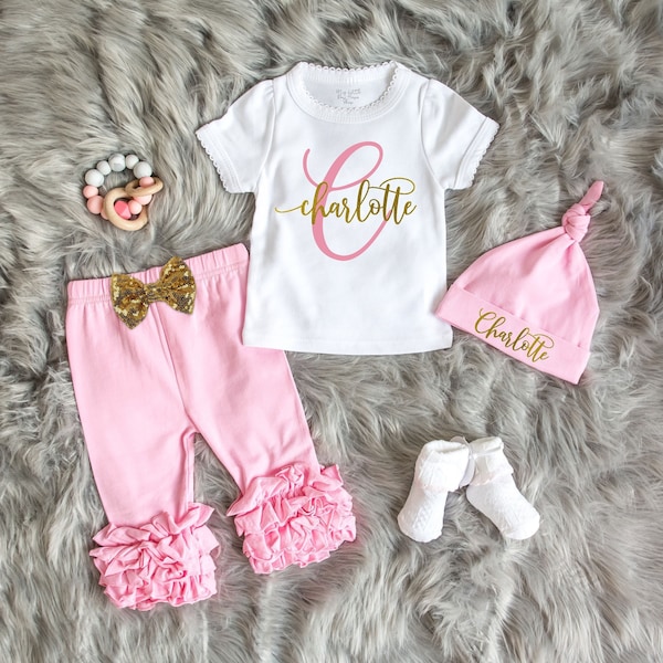 Monogram Newborn Layette Set - Baby Ruffle Leggings - Baby Name Beanie - Coming Home Outfit - Girls Initial Outfit