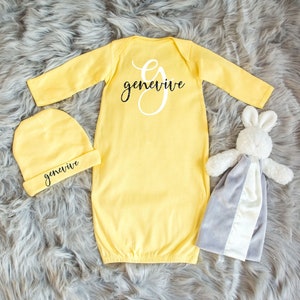 Yellow Baby Gown - Personalized Baby Girl Gift, Coming Home Outfit, Baby Gown with Name, Custom Name Beanie, Baby Layette Set, Baby Sleeper