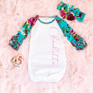 Custom Baby Gown - Baby Girl Layette Set - Newborn Gown - Coming Home Outfit - Personalized Baby Gown - Floral Baby Sleeper Gown
