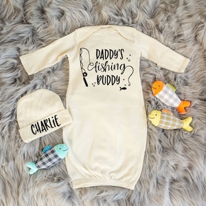Daddy&#39;s Fishing Buddy Outfit, Baby Boy Fish Outfit, Baby Boy Sleeper, Baby Layette Set, Baby Shower Gift for Sports Dad, Father&#39;s Day Gift