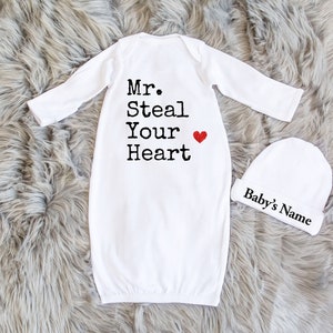 Mr Steal Your Heart Sleeper - Baby Boy Pajamas - Cute Baby Layette - Beanie with Name - Baby Layette Set - Newborn Gown - Coming Home Outfit