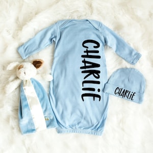 Newborn Baby Boy Coming Home Outfit - Baby Boy Layette Set - Baby Sleeper Gown - Personalized Baby Shower Gift - Newborn Baby Hat with Name