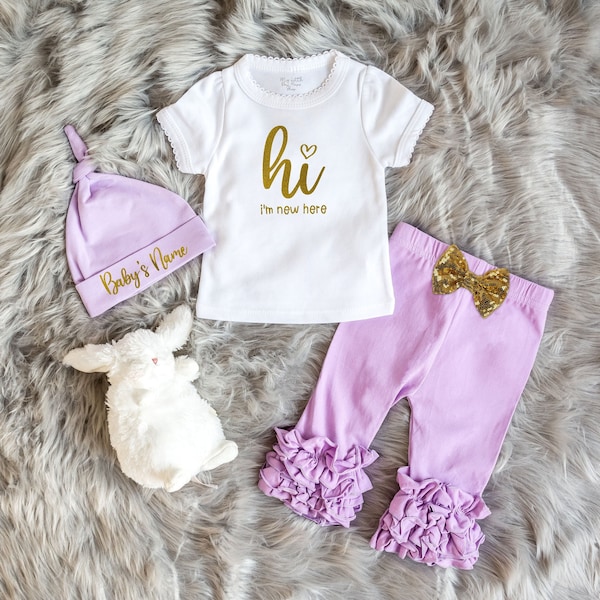 Baby Girl Coming Home Outfit - Newborn Layette Set - Baby Ruffle Leggings - Baby Name Beanie - Coming Home Outfit - Baby Announcement