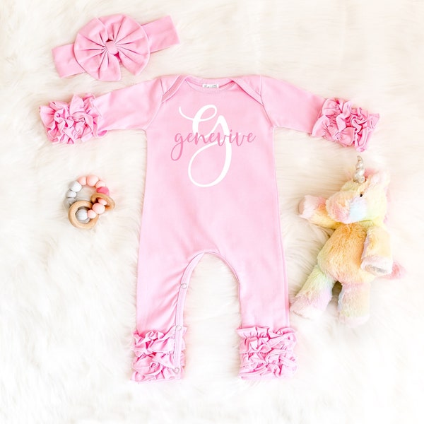 Tenue personnalisée pour la sortie de la maternité - Barboteuse à volants pour nouveau-né - Cadeau de naissance personnalisé - Vêtements pour bébé fille - Ensemble layette pour nouveau-né