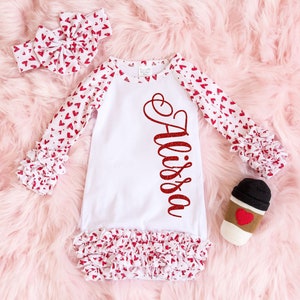 Valentine's Day Ruffle Sleeve Baby Gown - Baby Girl Layette Set - Personalized Baby Gift - Baby Sleeper Gown - Newborn Gown - Heart Layette