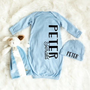 Newborn Baby Boy Coming Home Outfit - Baby Boy Layette Set - Baby Sleeper Gown - Personalized Baby Shower Gift - Newborn Baby Hat with Name