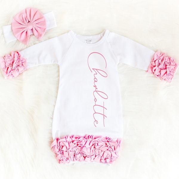 Personalized Baby Girl Ruffle Sleeper Gown, Newborn Hospital Outfit, Pink Baby Layette Set, Coming Home Outfit, Baby Shower Gift, Lil Sister