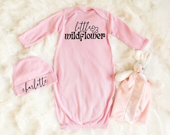 Personalized Baby Girl Sleeper, Pink Baby Layette Set, Little Wild Flower Outfit, Newborn Baby Gown, Baby Shower Gift, Retro Baby Outfit