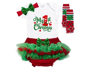 My First Christmas, Christmas Bloomer Outfit, Baby Girl Christmas Bodysuit, Baby Tutu Outfit, Baby&#39;s 1st Christmas, My 1st Christmas Outfit