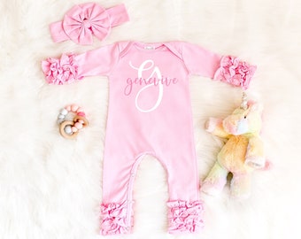 Personalized Baby Girl Coming Home Outfit - Ruffled Newborn Baby Romper - Custom Baby Shower Gift - Baby Girl Clothes - Newborn Layette Set