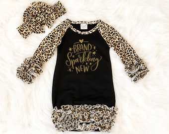 Brand Sparkling New Baby Girl Outfit - Baby Girl Layette Set - Newborn Gown & Bow - Coming Home Outfit - Baby Shower Gift - Baby Ruffle Gown