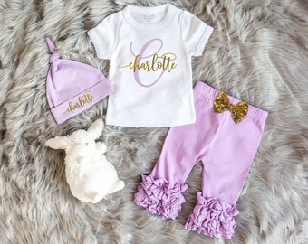 Baby Girl's Initial Outfit - Baby Layette Set - Baby Ruffle Leggings - Baby Name Beanie - Baby Announcement - Newborn Monogram Outfit