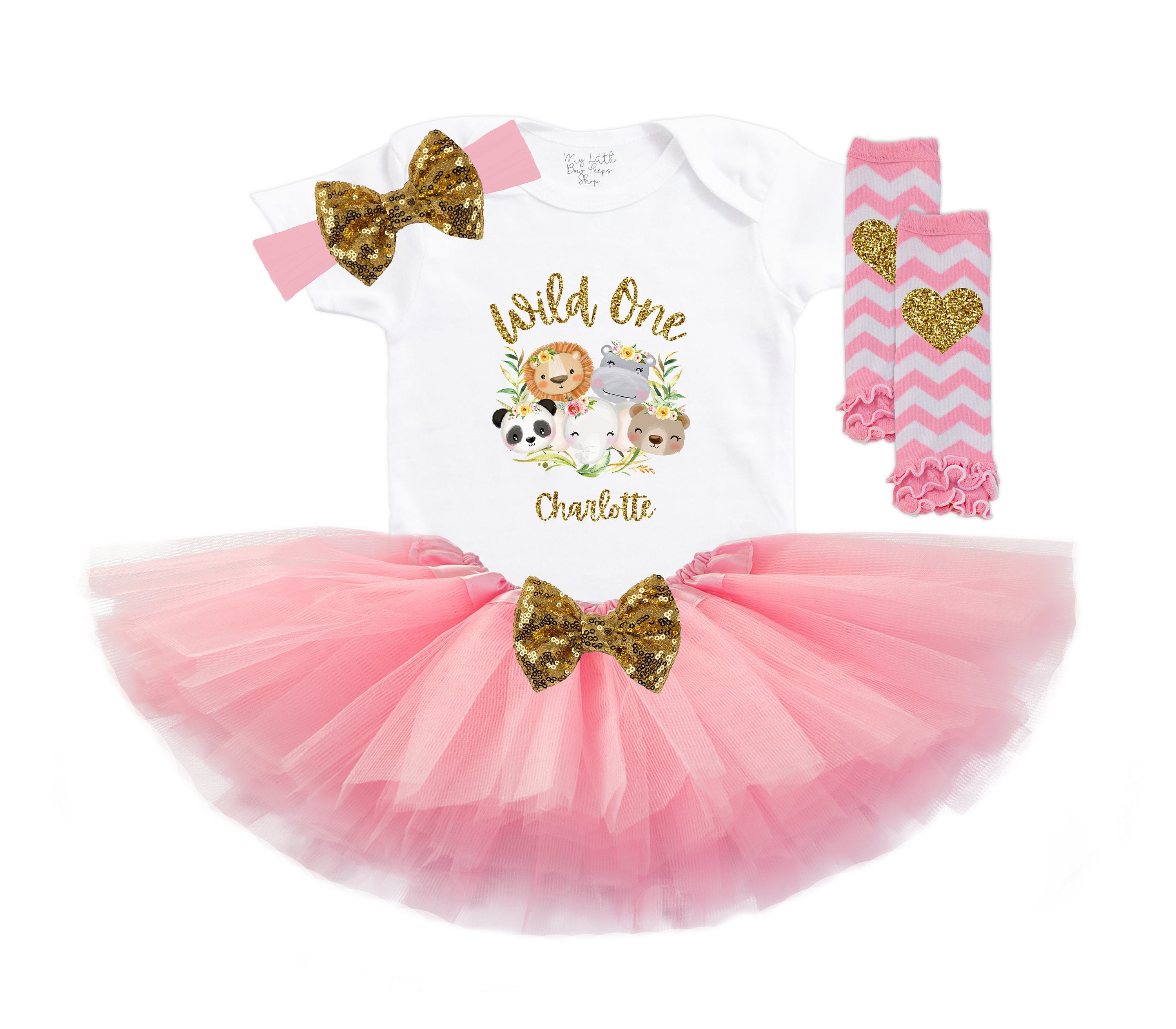Personalized Wild One Baby Girl's 1st Birthday Tutu Outfit - First Birthday Cake Smash - Baby Safari Animals Onesie - Zoo Party Shirt