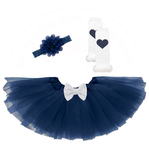 Conjunto de tutú azul marino y blanco, conjunto de diadema de tutú, traje de 1er cumpleaños, accesorio para fotos de bebé, conjunto de 3 piezas, traje de regreso a casa, conjunto de arco navideño de lentejuelas