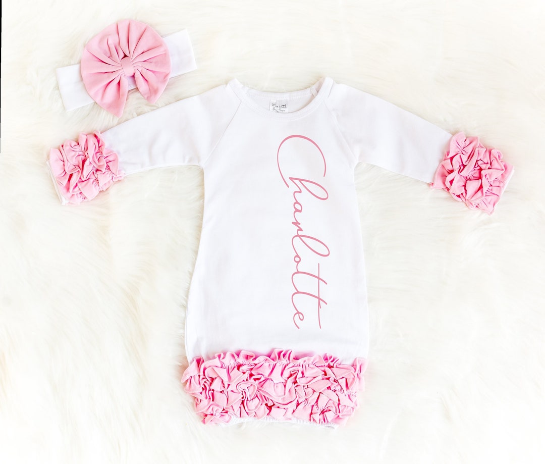 Personalized Baby Girl Ruffle Sleeper Gown, Newborn Hospital Outfit