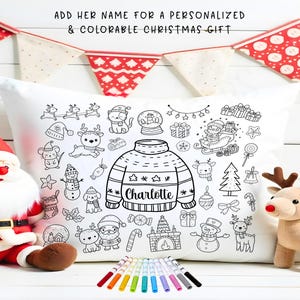 Christmas Color Me Personalized Pillowcase + Fabric Markers, Custom Name Gift for Girls, DIY Holiday Activity, Slumber Party Sleepover Favor
