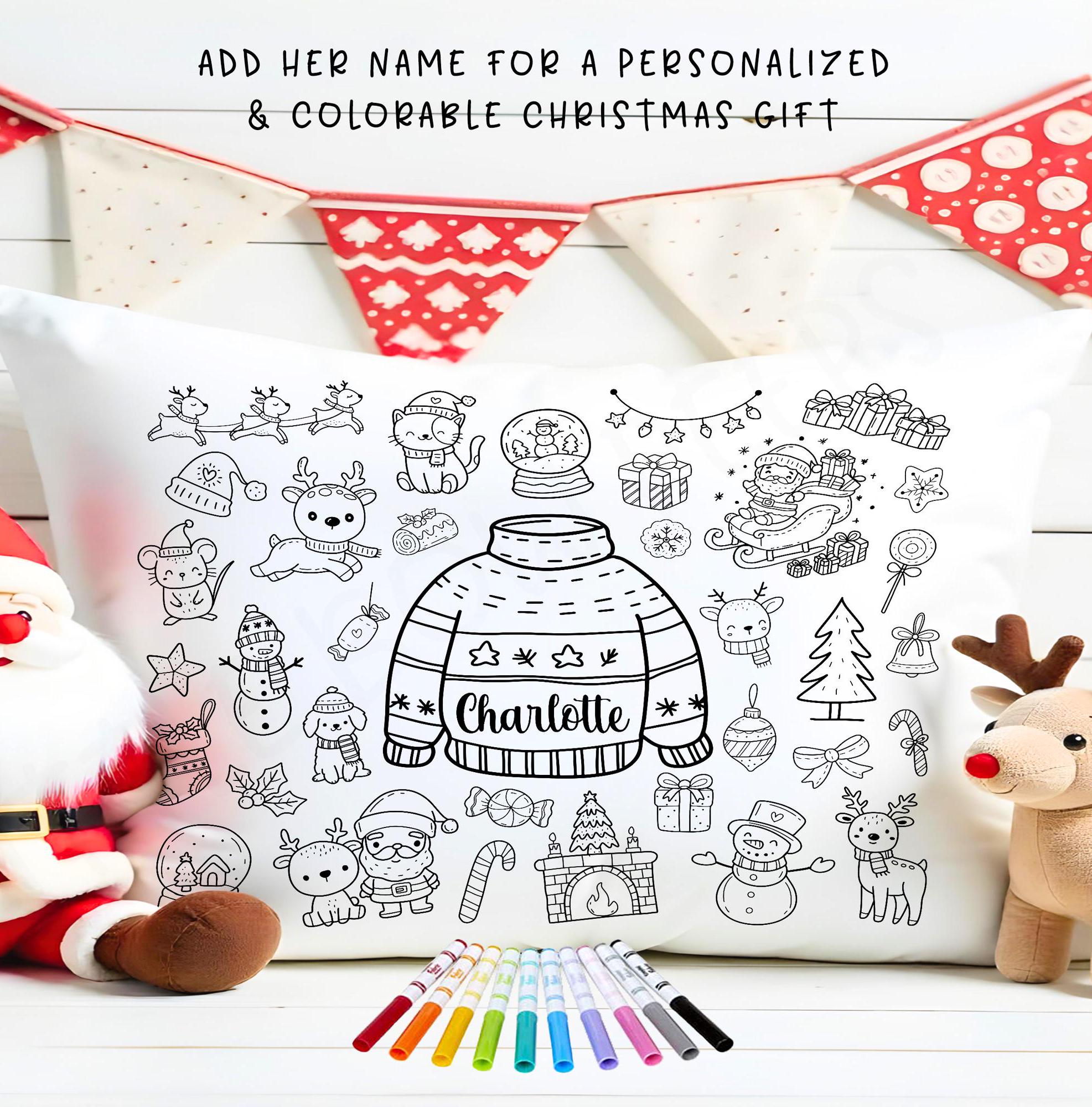 Christmas Color Me Personalized Pillowcase + Fabric Markers, Custom Name Gift for Girls, DIY Holiday Activity, Slumber Party Sleepover Favor