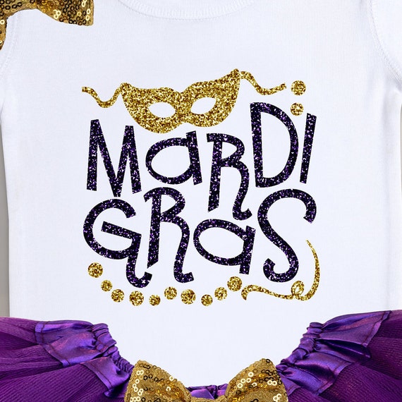 Little Miss Mardi Gras Onesie with matching leg warmers with bows attached Monogrammed Personalized Baby/'s First Mardi Gras Outfit.