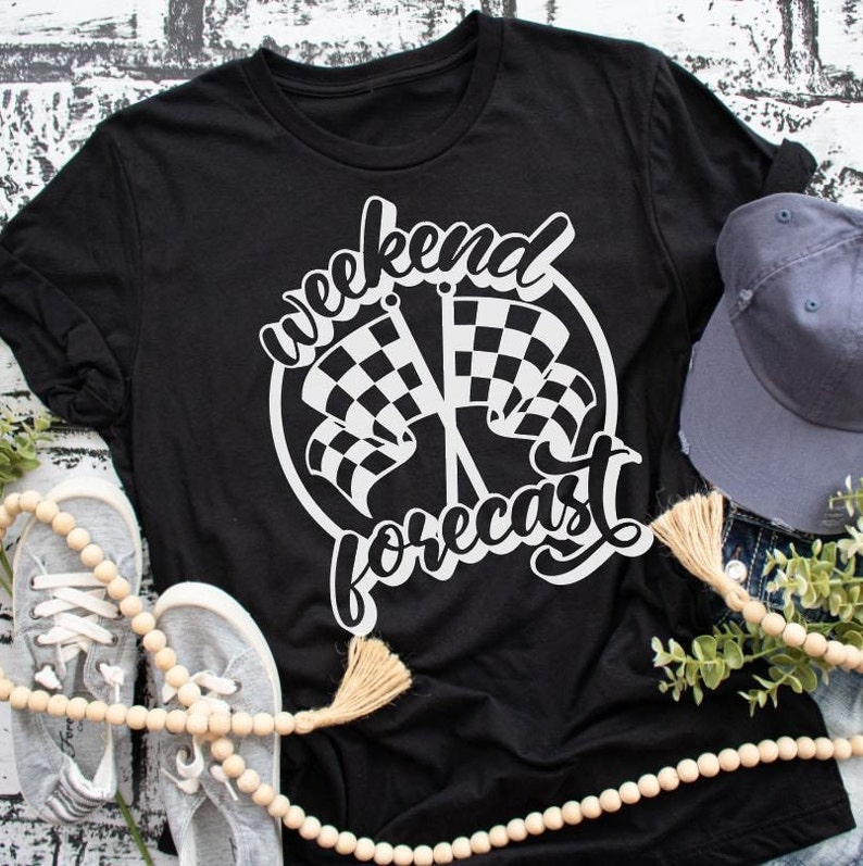 May include: Black t-shirt with a white graphic design of chequered flags and the text "weekend forecast".