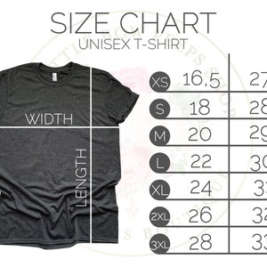 May include: Size chart for a unisex t-shirt. The chart shows the width and length measurements in inches for sizes XS to 3XL.