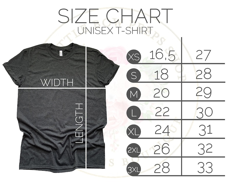 May include: Size chart for a unisex t-shirt. The chart shows the width and length measurements in inches for sizes XS to 3XL.