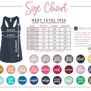 May include: Size chart for a racerback tank top with measurements in inches. The chart shows sizes XS to 2XL with corresponding width, chest, and length measurements. The chart also includes information about the fabric composition and fit.