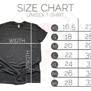 Puede incluir: Tabla de tallas para una camiseta unisex. La tabla muestra las medidas de ancho y largo en pulgadas para las tallas XS a 3XL.