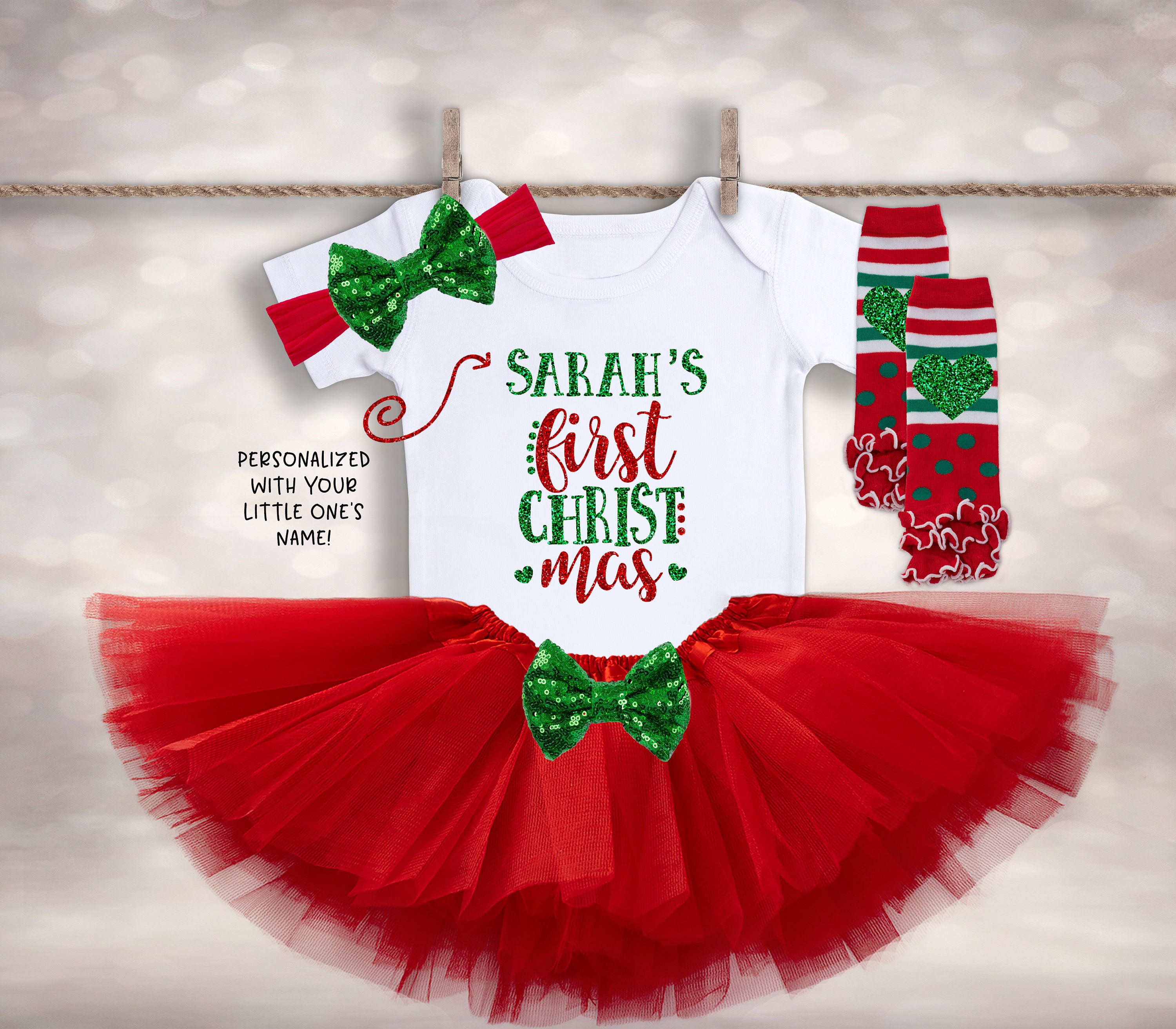 Personalized First Christmas Baby Girl Gold Red Green Outfit My 1st Christmas Optional Red Tutu Bloomers Headband and Leg Warmers 