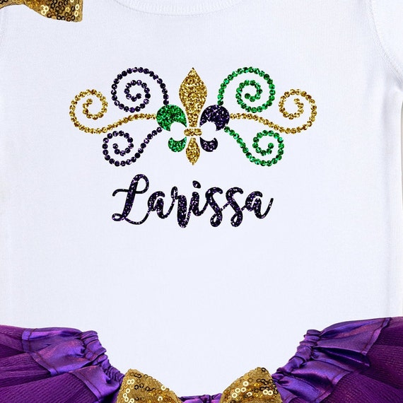 Little Miss Mardi Gras Onesie with matching leg warmers with bows attached Monogrammed Personalized Baby/'s First Mardi Gras Outfit.
